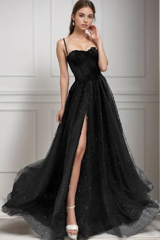 One-Shoulder Satin Dress A-Line Sweep-Brush Train Tulle Prom Dress CS0439