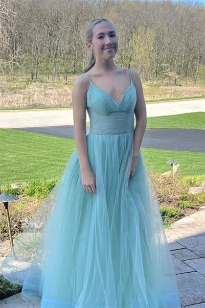 Sheer Panel Dress Simple A-Line V Neck Tulle Spaghetti Straps Long Prom Dress,DP1405