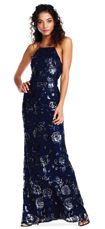 Fancy Embellished Dress Adrianna Papell - Floral Sequined Halter Neck Dress AP1E202991SC Fancy Embellished Dress Adrianna Papell - Floral Sequined Halter Neck Dress AP1E202991SC