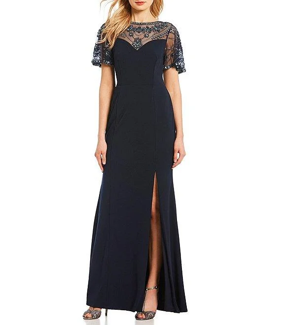 Delicate Lace Dress Aidan Mattox - Short Sleeve Beaded Neckline Gown MD1E203616SC