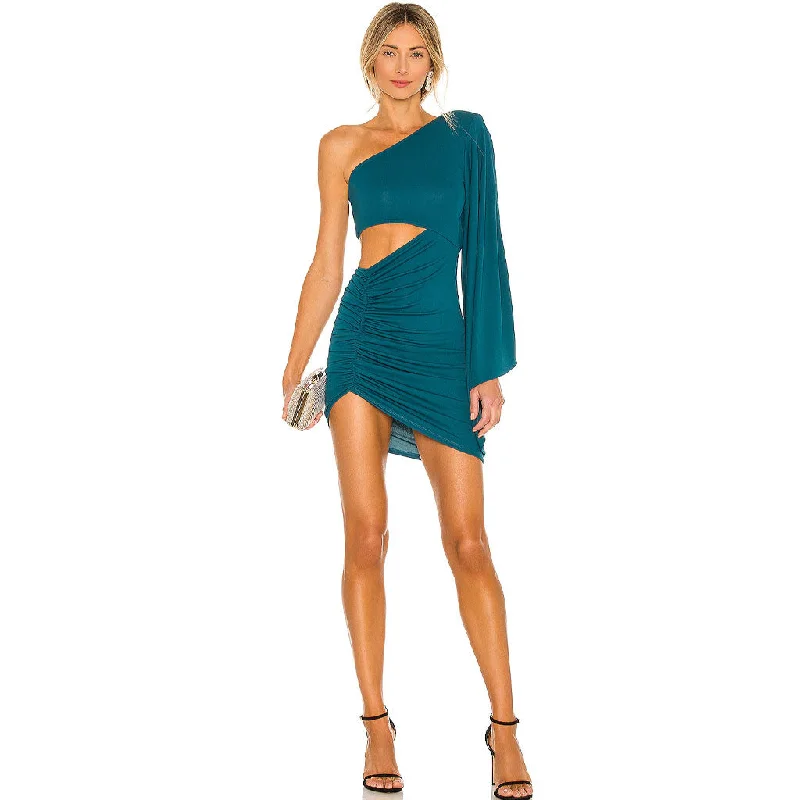 Chic Formal Gown Asymmetric One Shoulder Cutout Ruched Party Mini Dress - Teal