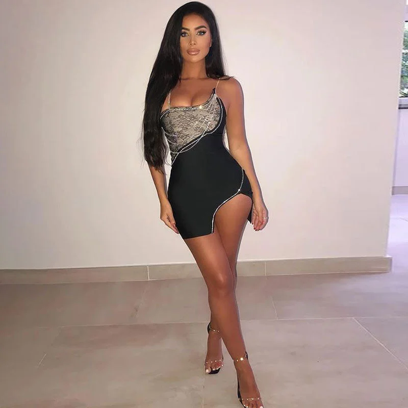 Rich Velvet Dress Asymmetric Rhinestone Chain Embellished Lace Panel Split Mini Party Dress
