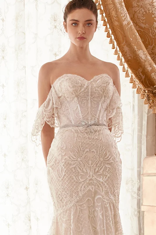 Modern Ball Gown Baroque Motif Glitter Printed Off Shoulder Mermaid Long Wedding Dress CDA1104W Modern Ball Gown Baroque Motif Glitter Printed Off Shoulder Mermaid Long Wedding Dress CDA1104W