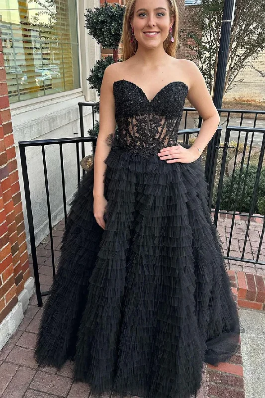 Hollywood-Inspired Gown Black Sweetheart A-Line Tulle Tiered Ball Gown Long Prom Dress with Appliques,DP1391 Hollywood-Inspired Gown Black Sweetheart A-Line Tulle Tiered Ball Gown Long Prom Dress with Appliques,DP1391