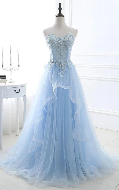 Timeless Satin Dress Blue Sweetheart A-Line Lace Tulle Long Prom Dress with Beading,DP1407