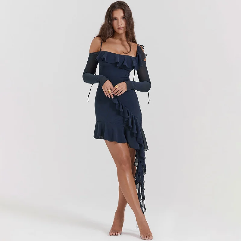Midnight Blue Gown Breezy Bow Tie Scoop Neck Long Sleeve Sheer Mesh Asymmetric Ruffle Mini Dress Midnight Blue Gown Breezy Bow Tie Scoop Neck Long Sleeve Sheer Mesh Asymmetric Ruffle Mini Dress