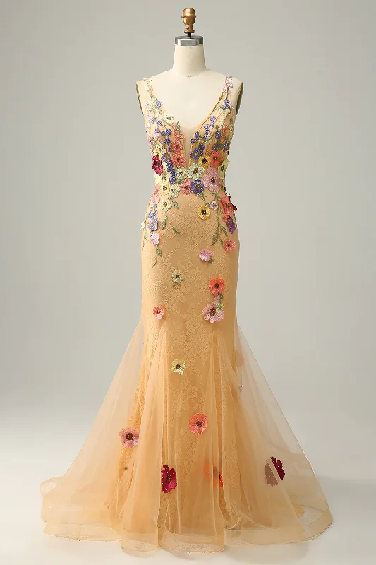 Trendy Evening Gown Champagne Mermaid Deep V Neck Long Prom Dress With Appliques,DP1127 Trendy Evening Gown Champagne Mermaid Deep V Neck Long Prom Dress With Appliques,DP1127
