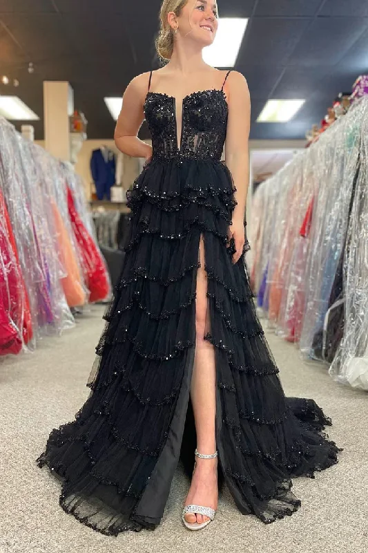 Pearl Embellished Gown Black A-Line V Neck Tulle Tiered Long Prom Dress with Beading,DP1384 Pearl Embellished Gown Black A-Line V Neck Tulle Tiered Long Prom Dress with Beading,DP1384