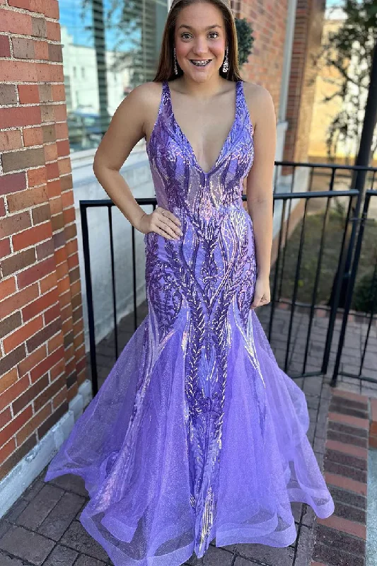 Modern Ball Gown Lavender V Neck Tulle Sequins Backless Mermaid Long Prom Dress,DP1390 Modern Ball Gown Lavender V Neck Tulle Sequins Backless Mermaid Long Prom Dress,DP1390