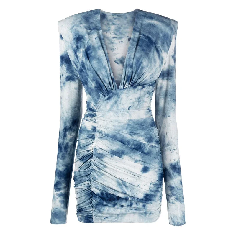 Trendy Party Dress Chic Tie Dye Print Deep V Shoulder Pad Long Sleeve Ruched Bodycon Mini Dress Trendy Party Dress Chic Tie Dye Print Deep V Shoulder Pad Long Sleeve Ruched Bodycon Mini Dress