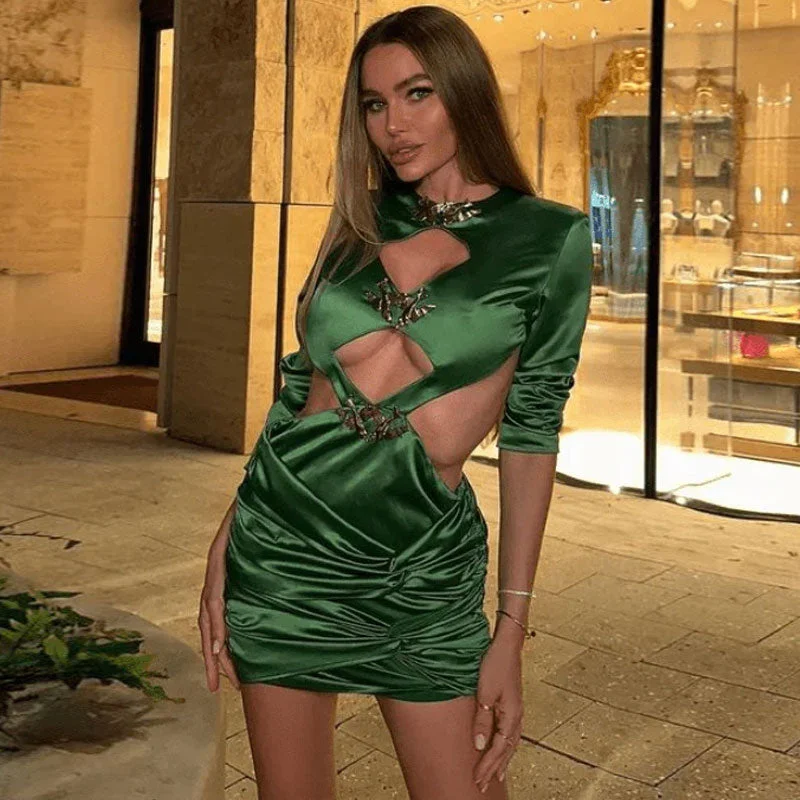 Puffy Sleeve Dress Classy Bird Detail Long Sleeve Twist Ruched Cutout Satin Mini Dress