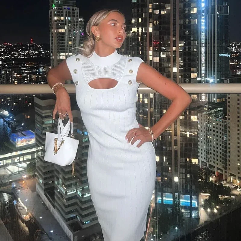 Statement Chiffon Dress Classy Button Detail High Neck Cape Sleeve Open Knit Keyhole Sweater Midi Dress Statement Chiffon Dress Classy Button Detail High Neck Cape Sleeve Open Knit Keyhole Sweater Midi Dress