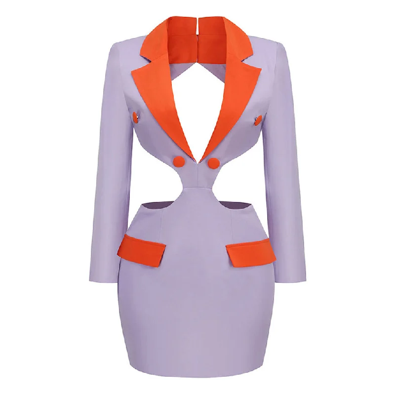 Pearl Embellished Gown Contrast Lapel Collar Deep V Cut Out Backless Tailored Mini Blazer Dress Pearl Embellished Gown Contrast Lapel Collar Deep V Cut Out Backless Tailored Mini Blazer Dress