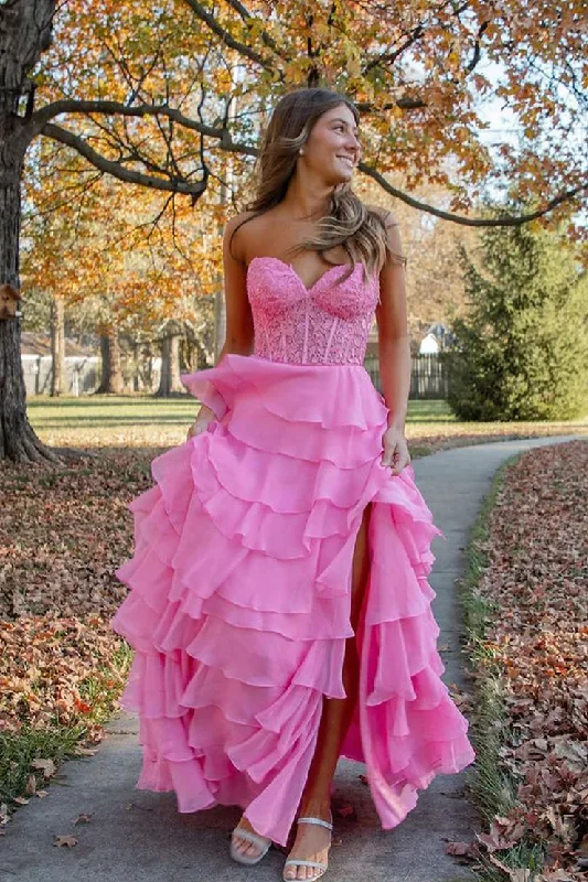 Regal Ball Gown Hot Pink A-Line Sweetheart Chiffon Tiered Long Prom Dresses with Appliques,DP1381 Regal Ball Gown Hot Pink A-Line Sweetheart Chiffon Tiered Long Prom Dresses with Appliques,DP1381