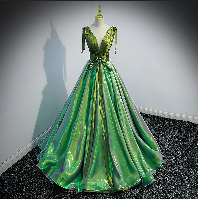 Crystal Beaded Dress Green Deep V-neck Elegant Ruched A-line Lace Up Party Formal Gown,DP1146 Crystal Beaded Dress Green Deep V-neck Elegant Ruched A-line Lace Up Party Formal Gown,DP1146