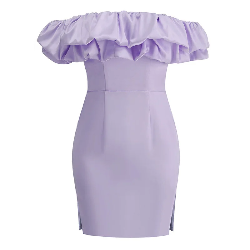 Metallic Formal Dress Dramatic Ruffle Off the Shoulder Side Split Satin Bodycon Mini Party Dress