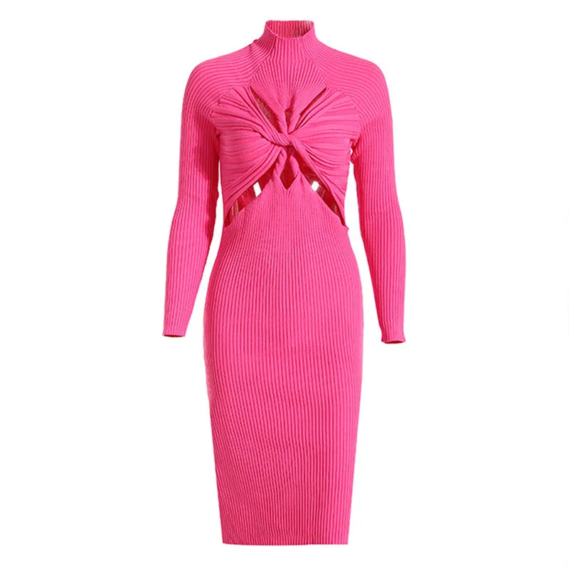 Elegant Wedding Gown Edgy Twist Front Cutout High Neck Long Sleeve Rib Knit Midi Dress - Black Elegant Wedding Gown Edgy Twist Front Cutout High Neck Long Sleeve Rib Knit Midi Dress - Black