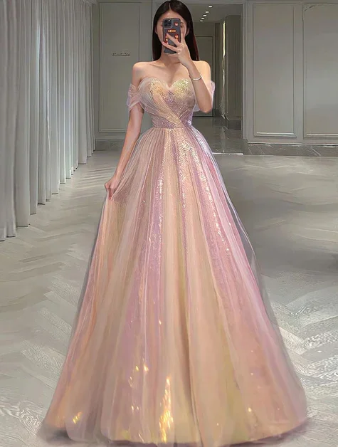 Regal Ball Gown Sparkly Sweetheart A-Line Off Shoulder Long Prom Dress Formal Evening Dress,DP1409