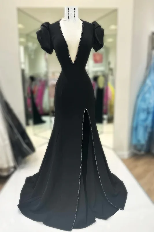 Elegant Tulle Gown Sexy Black Deep V Neck Short Sleeves Long Prom Dress,DP1021