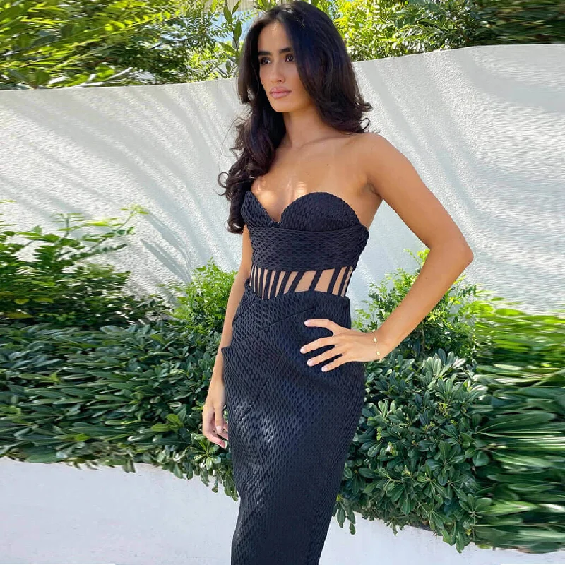 Statement Prom Dress Fanciful Sweetheart Strapless Lattice Effect Corset Midi Dress - Black Statement Prom Dress Fanciful Sweetheart Strapless Lattice Effect Corset Midi Dress - Black