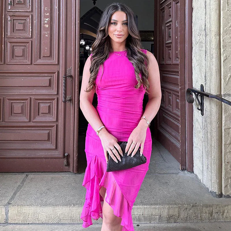 Puffy Formal Dress Feminine Crew Neck Sleeveless Ruched Mesh Bodycon Ruffle Midi Party Dress Puffy Formal Dress Feminine Crew Neck Sleeveless Ruched Mesh Bodycon Ruffle Midi Party Dress