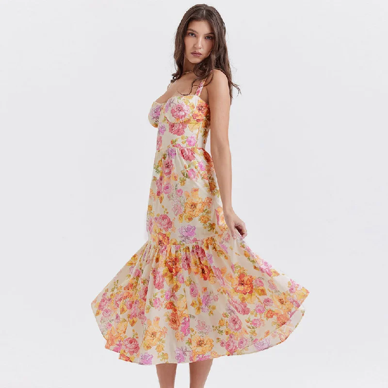 Floral Embroidery Dress Feminine Floral Print Sweetheart Suspender Strap Fit and Flare Midi Sundress Floral Embroidery Dress Feminine Floral Print Sweetheart Suspender Strap Fit and Flare Midi Sundress