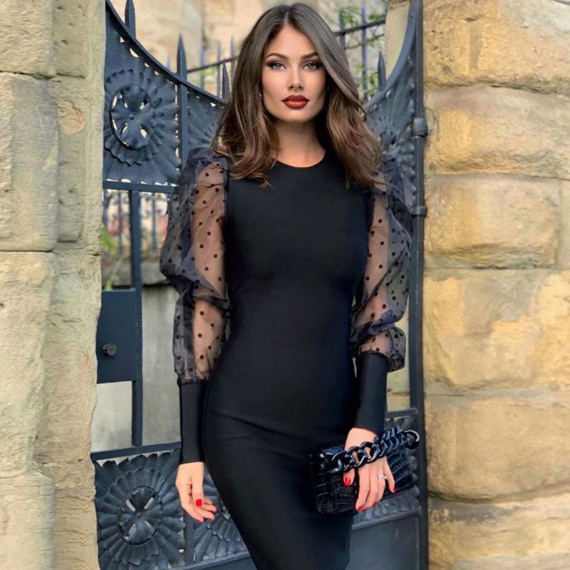 Classic Couture Dress Femme Polka Dot Puff Sleeve Round Neck Bodycon Bandage Midi Dress - Black Classic Couture Dress Femme Polka Dot Puff Sleeve Round Neck Bodycon Bandage Midi Dress - Black
