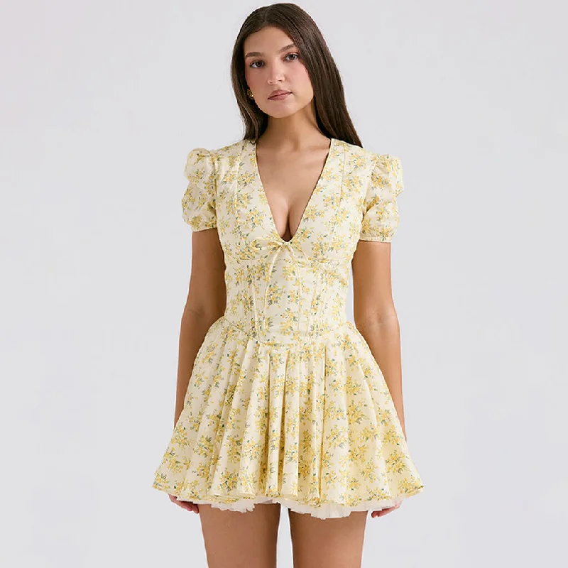 Lavish Red Gown French Style V Neck Bow Trim Short Sleeve Drop Waist Mini Floral Print Dress Lavish Red Gown French Style V Neck Bow Trim Short Sleeve Drop Waist Mini Floral Print Dress