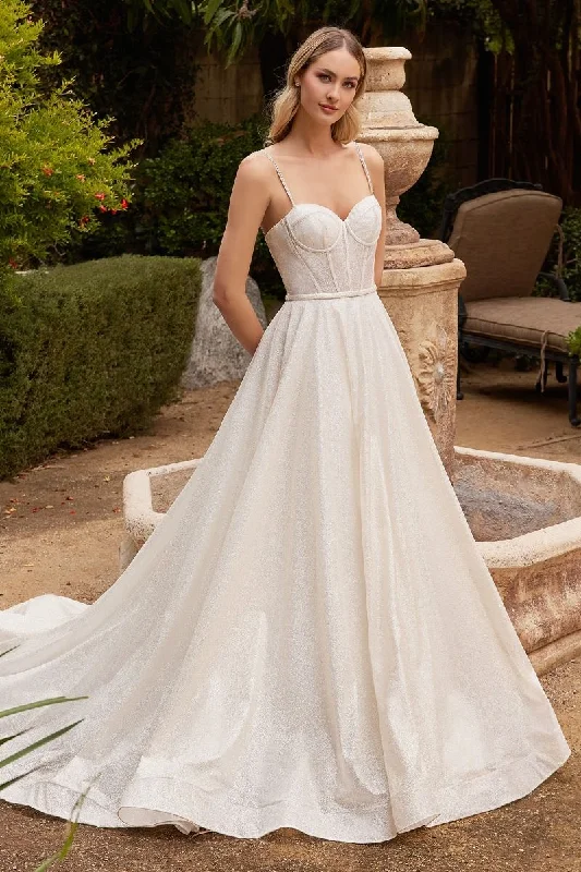 Puffy Formal Dress Glitter Bodice Sweetheart A-Line Spaghetti Straps Long Wedding Dress CDCDS435W