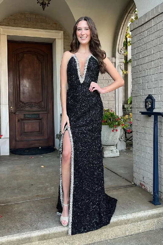 Crystal Beaded Dress Black Deep V Neck Sequins Mermaid Long Prom Dress with Beading,DP1386