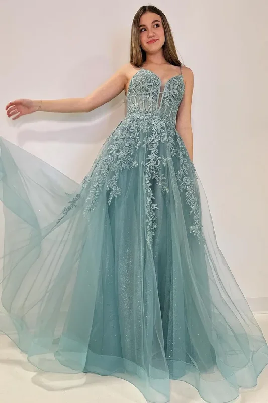 Perfect Prom Dress Spaghetti Straps A-Line Tulle Appliques Long Prom Dress,DP1394