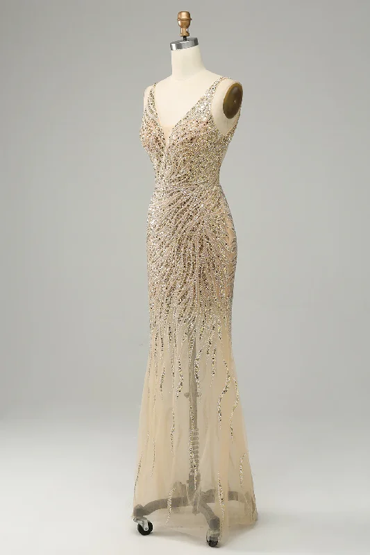 Cinderella Style Dress Gold Sequined Beading Backless Long Prom Dress,DP1033