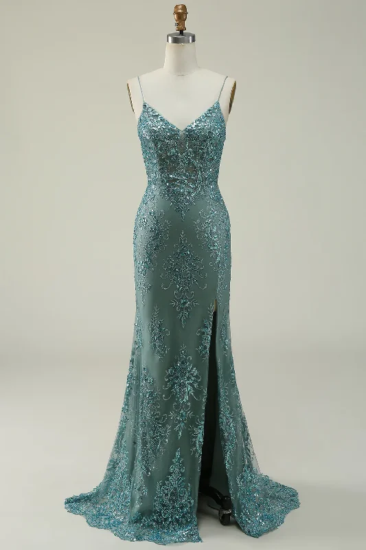 Silk Ball Gown Green V Neck Spaghetti Straps Long Prom Dress With Split Front,DP1128 Silk Ball Gown Green V Neck Spaghetti Straps Long Prom Dress With Split Front,DP1128