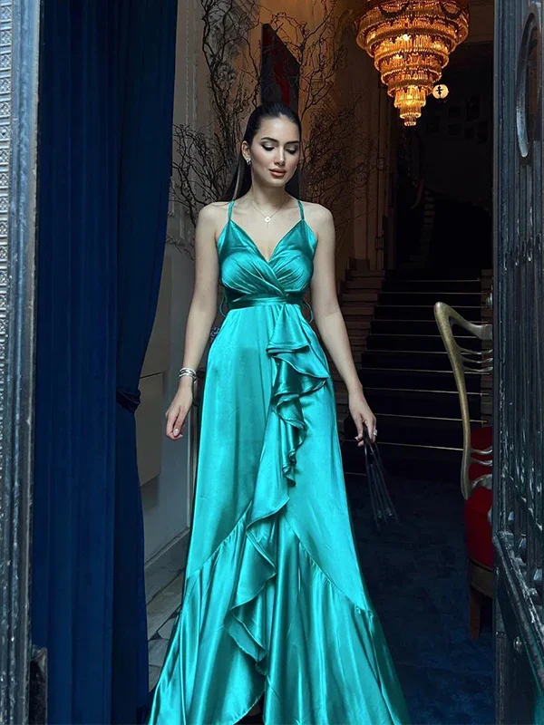 Fitted Formal Dress Elegant Green Spaghetti Straps V-neck A-line Long Prom Dresses,DP1142
