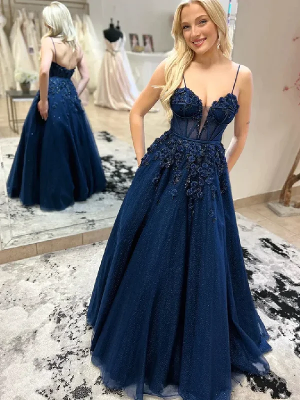 Elegant Organza Dress Navy A-Line Tulle Appliques Long Prom Dress,DP1016