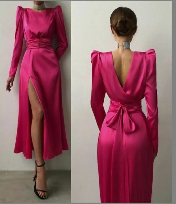 Vintage Lace Dress Fuchsia Long Sleeves Midi Length Party Dress,DP1138