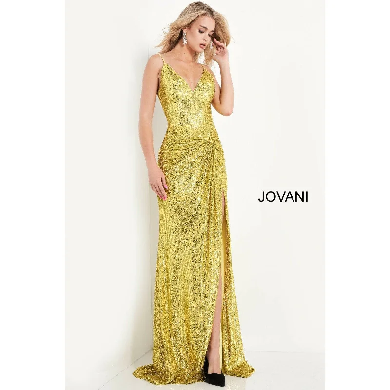 Dreamy Tulle Skirt Jovani 06271 Yellow V Neck Sequin Prom Dress 06271