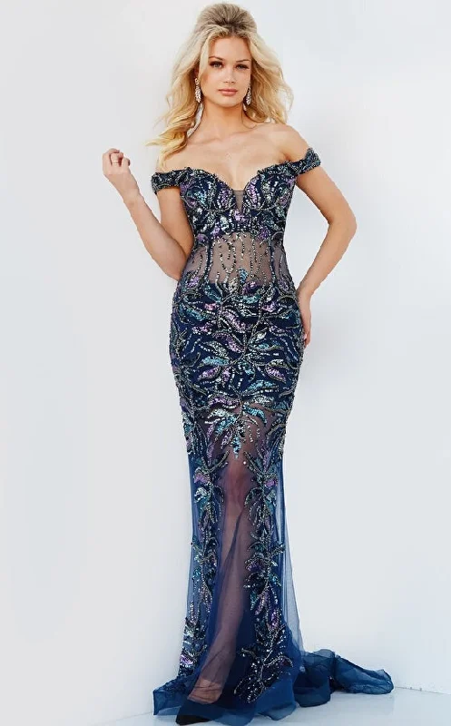 Chic Maxi Dress Jovani 23760 Navy Off the Shoulder Embellished Prom Dress