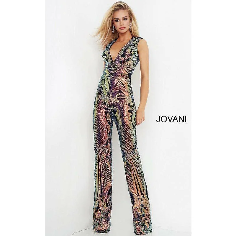 Sophisticated Party Dress Jovani Black Green Sequin Embellished Prom Jumpsuit 02469
