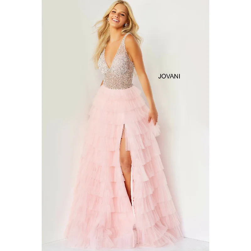 Floral Beaded Gown Jovani Blush Embellished Bodice Tulle Prom Ballgown 07235