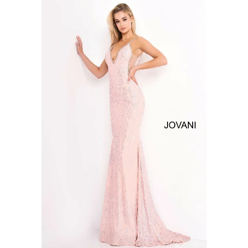 Mermaid Cut Dress Jovani Blush Plunging Neckline Fitted Prom Dress 68539