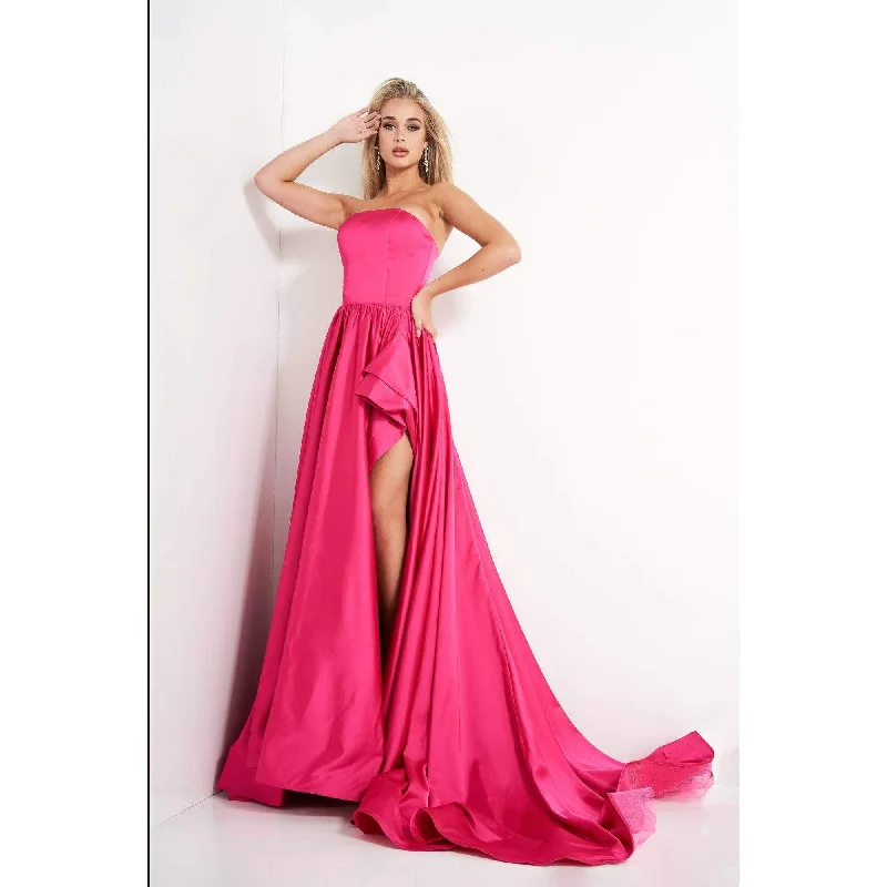 Floral Beaded Gown Jovani Fuchsia High Slit Strapless Prom Gown 02563