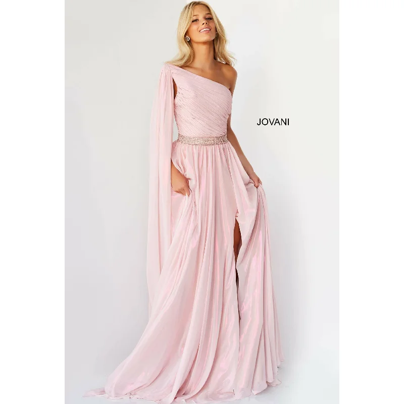 Lavish Red Gown Jovani Light Pink Embellished Belt One Shoulder Prom Dress 07248