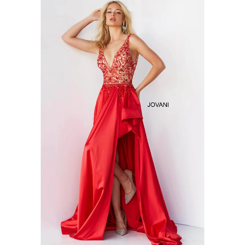 Modern Tulle Dress Jovani Red Embellished Bodice Satin Prom Gown 07415
