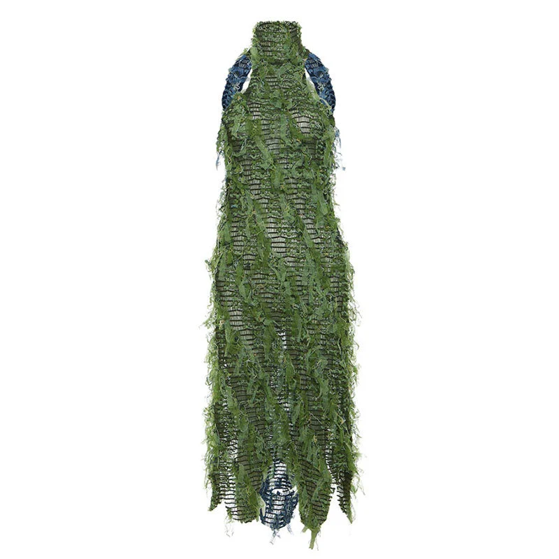 Structured Evening Gown Jungle Mock Neck Bicolor Backless Smocked Fringe Sheer Mesh Midi Dress Structured Evening Gown Jungle Mock Neck Bicolor Backless Smocked Fringe Sheer Mesh Midi Dress