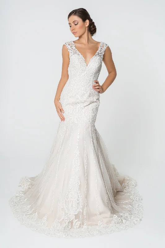 Unique Cocktail Dress Lace Embellished Deep V-Neck w/ U-Back Long Wedding Dress GLGL2821