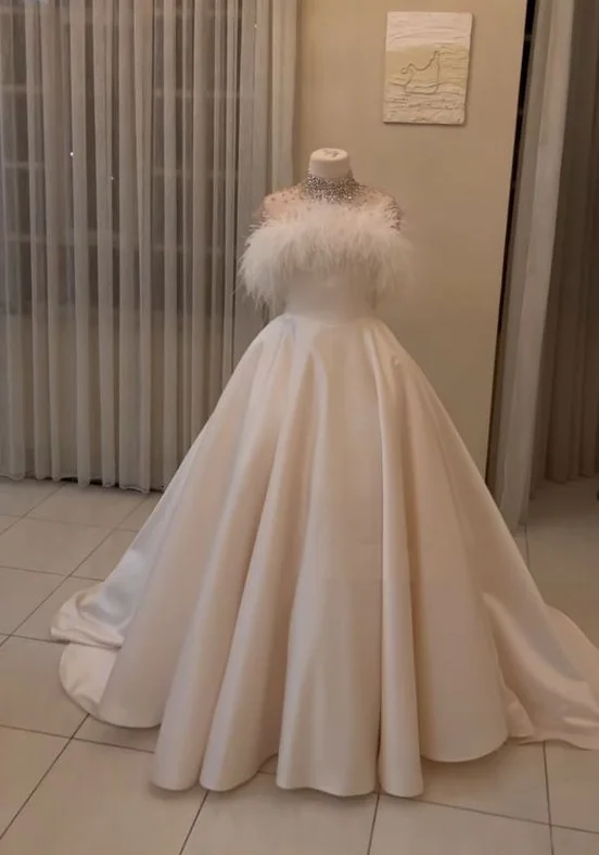 Sophisticated Gown Ivory High Neck Beading Satin Long Prom Dress with Feather,DP1137