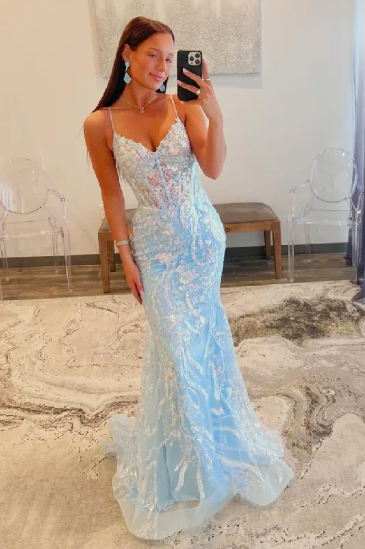 Ruched Satin Dress Light Blue V Neck Tulle Sequins Mermaid Long Prom Dress,DP1377