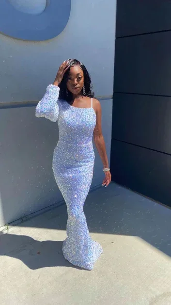 Modern Tulle Dress Light Blue Sequins One Sleeve Mermaid Long Prom Dresses,DP1402