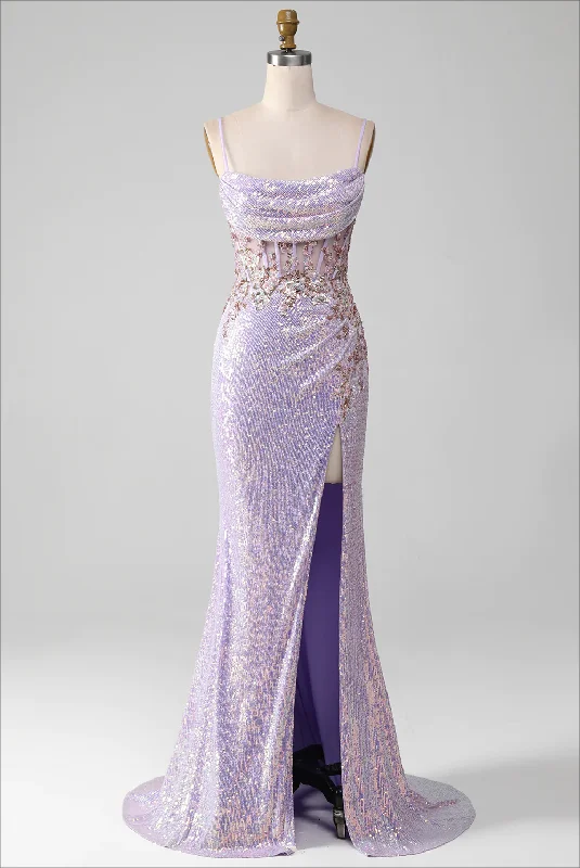 Artistic Embroidered Dress Lilac Sparkly Spaghetti Straps Mermaid Prom Dress With Slit,DP1122 Artistic Embroidered Dress Lilac Sparkly Spaghetti Straps Mermaid Prom Dress With Slit,DP1122